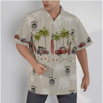 Мужская винтажная рубашка Hawaiiam с принтом автомобилей и деревьев, летние повседневные топы на пуговицах, 3D-рубашки Cool Beach с коротким рукавом