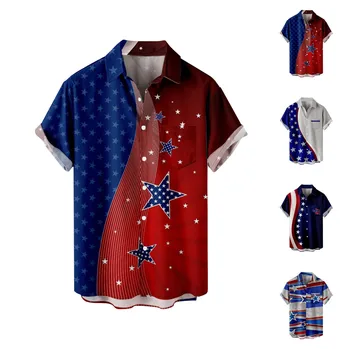 Мужские гавайские рубашки с коротким рукавом и отворотом, мужские летние рубашки с принтом флага Дня Независимости, Модные Элегантные рубашки для мужчин
