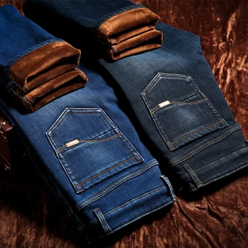 Мужские зимние теплые джинсы, приталенные стрейчевые брюки, мужские брюки, черные, синие джинсы, мужские панталоны, уличная одежда Calça Masculina