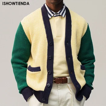 Мужской свитер, Вязаный кардиган, Зимний свитер с коротким рукавом, мужской свитер, Вязаный Контрастный цвет, Уличная одежда, Теплая куртка
