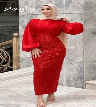 Мусульманское вечернее платье с блестящими красными блестками, Арабское платье длиной до щиколотки и длинным рукавом, выпускные платья в Дубае, Роскошная коктейльная одежда для выпускного вечера.