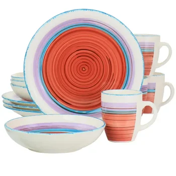 Набор круглой посуды Richvale Durastone из 12 предметов красного цвета для гигиены и безопасности