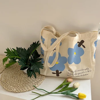 Новая цветочная сумка через плечо Корейской моды большой емкости Синие холщовые сумки с цветочным рисунком для девочек Повседневные сумки-тоут для покупок 2023