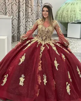 Новые Бордовые платья Quinceanrea 2022, Красное платье для выпускного вечера с кружевной аппликацией и открытыми плечами Sweet 15 16, платья для конкурса принцесс