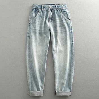 Новые светло-голубые джинсы для мужчин, повседневная одежда, прямые джинсовые брюки-закатки, Выстиранная потертая зауженная одежда, летние тонкие брюки