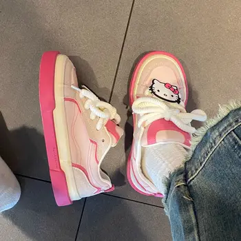 Оригинальные кроссовки Sanrio Hellokitty, женская осенняя студенческая обувь для девочек, парусиновая обувь в стиле ретро розового цвета, женская дизайнерская обувь на платформе