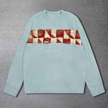 Осенний вязаный свитер с контрастной строчкой и круглым вырезом, пуловер, свитер, высококачественный японский контрастный этнический свитер синего цвета