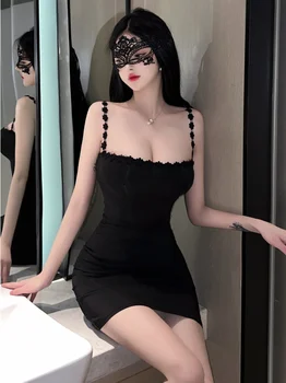Пикантная Девушка, Сексуальное кружевное облегающее платье с запахом на бедрах, маска для глаз, Черное Летнее Новое Облегающее платье-слинг с открытой спиной, обертывание груди Charm CZE2