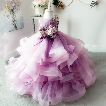 Платья для девочек-цветочниц, фиолетовые пышные многоуровневые аппликации с большим цветочным бантом для дня рождения, свадебной вечеринки, банкета, платья принцесс