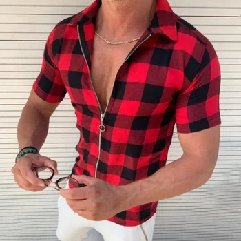 Повседневная мужская дизайнерская одежда, Рубашки и блузки, мужской кардиган в клетку с отворотом, тонкий модный кардиган на молнии, рубашка с коротким рукавом