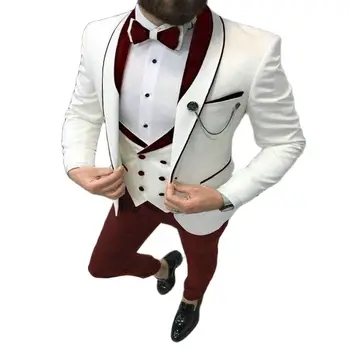 Полные мужские костюмы Модные Официальные деловые Приталенные 3 предмета В комплекте Белые блейзеры Бордовые брюки для официального смокинга Свадебный блейзер Брюки