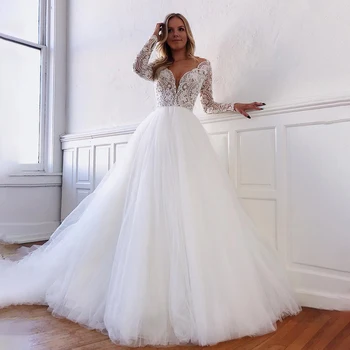 Прозрачное кружевное свадебное платье с V-образным вырезом и длинными рукавами, иллюзия спины на пуговицах, платья для свадебной вечеринки трапециевидной формы 2023