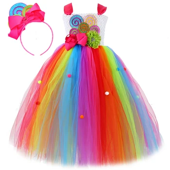 Радужные костюмы с леденцами на палочках для девочек на День рождения, длинные пачки, детские Рождественские платья на Хэллоуин, наряды принцессы, бальное платье