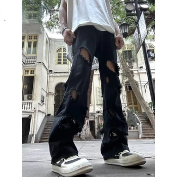Рваные джинсы для хай-стрит, мужские широкие брюки в стиле хип-хоп, осенние прямые свободные повседневные однотонные джинсовые брюки C64