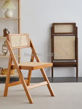 Ретро Складной стул из массива Дерева Скандинавский Семейный ротанговый стул Бытовой Обеденный стул с простой спинкой Японский Макияж для спальни