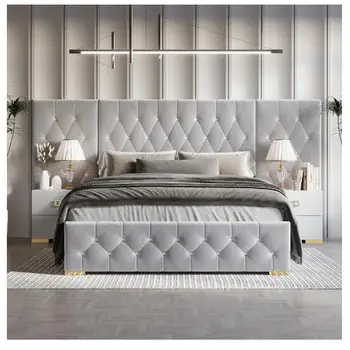 Роскошная кровать-платформа с бархатным ворсом и стеновыми панелями-King