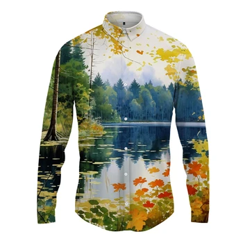 Рубашка с 3D-принтом озера и дерева, весенне-осенние Новые рубашки, хит продаж, свободная повседневная рубашка с длинными рукавами, уличная рубашка на открытом воздухе