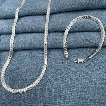 Серебро 925 Пробы, 2 части, Цепочка длиной 5 мм, ожерелье, Браслет Для Женщин, Мужские модные ювелирные наборы, Свадебный подарок