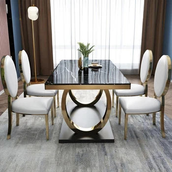 Современные Роскошные Кухонные столы для дома Мебельный гарнитур Столешница из натурального мрамора Металлический Каркас Дизайнерский Обеденный стол и стулья