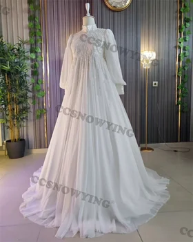 Тюлевое мусульманское свадебное платье с длинным рукавом для невесты, расшитое бисером, Дубайское Арабское свадебное платье, женское свадебное платье с высоким воротом