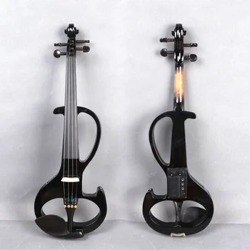 Усовершенствованная 4-струнная электрическая скрипка 4/4 Полноразмерные бесшумные скрипки Аксессуары из массива черного дерева со смычком в свободном футляре Черного цвета