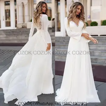 Шифоновое свадебное платье с иллюзией спины с длинным рукавом 2023, простые аппликации с V-образным вырезом, пояса для свадебного платья в винтажном богемном стиле