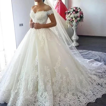 Элегантное бальное платье с кружевными аппликациями с открытыми плечами, свадебное платье 2023, на шнуровке, на заказ, большой размер для женщин, свадебное платье